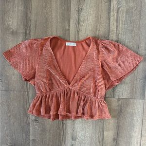 Urban Outfitters Bronze V-neck Crop Top with Ruffle on Sleeves
